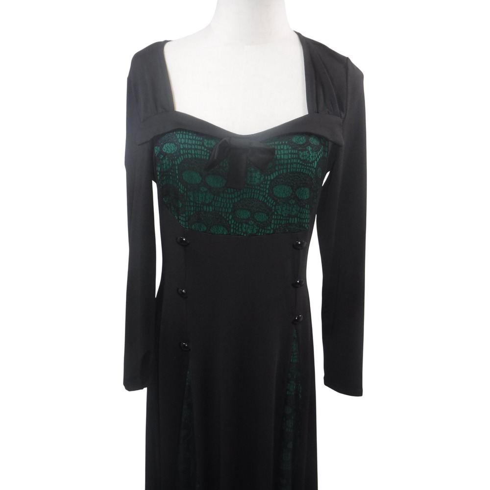 Dressfo Womens L Black Green Skull Lace Sweetheart Maxi Dress Long Sleeve Gothic